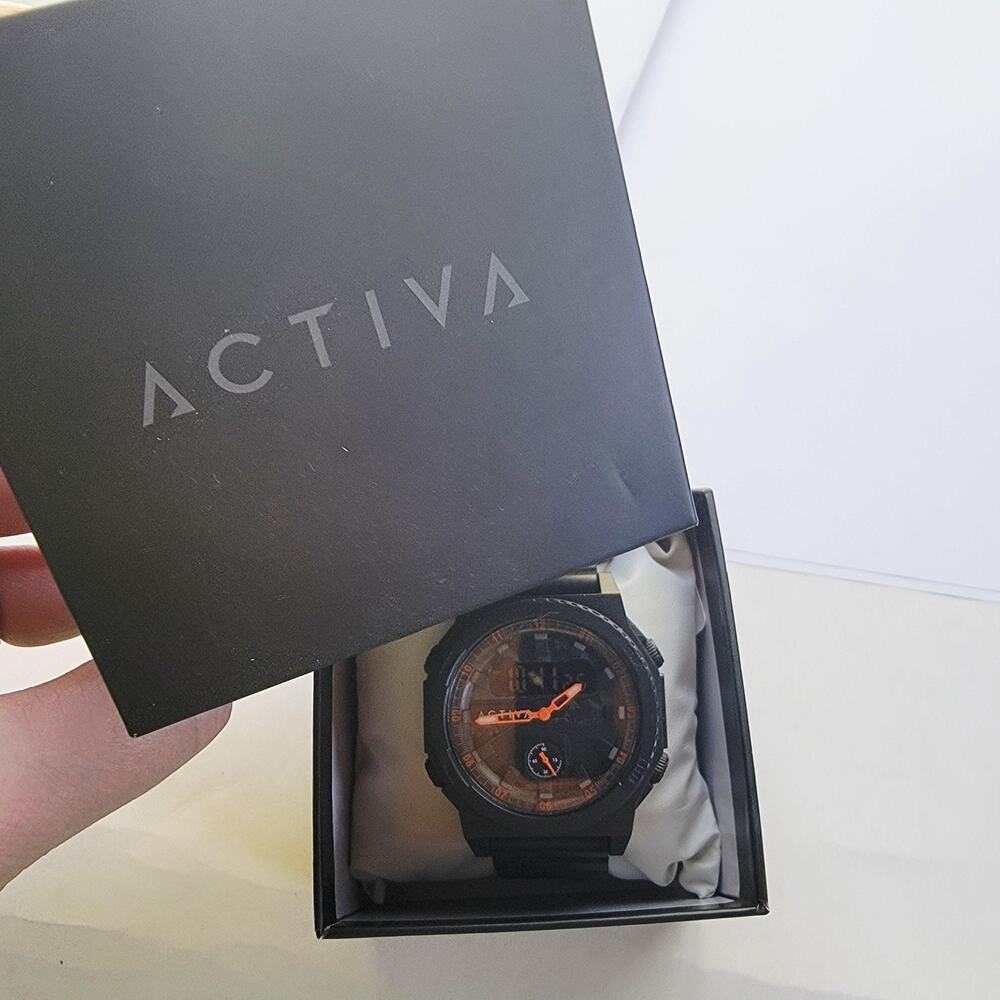 Activa Mens Watch Black Dial Black Rubber Strap Analog Digital Sport Box